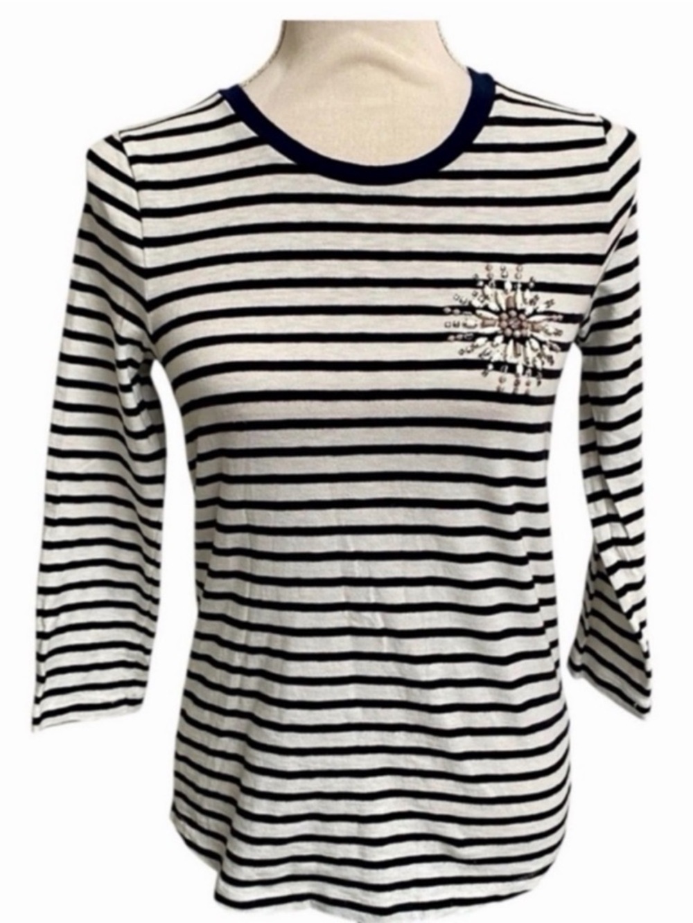 J.Crew Jeweled Starburst Striped Cotton 3/4 Sleeve Tee Navy White XS
